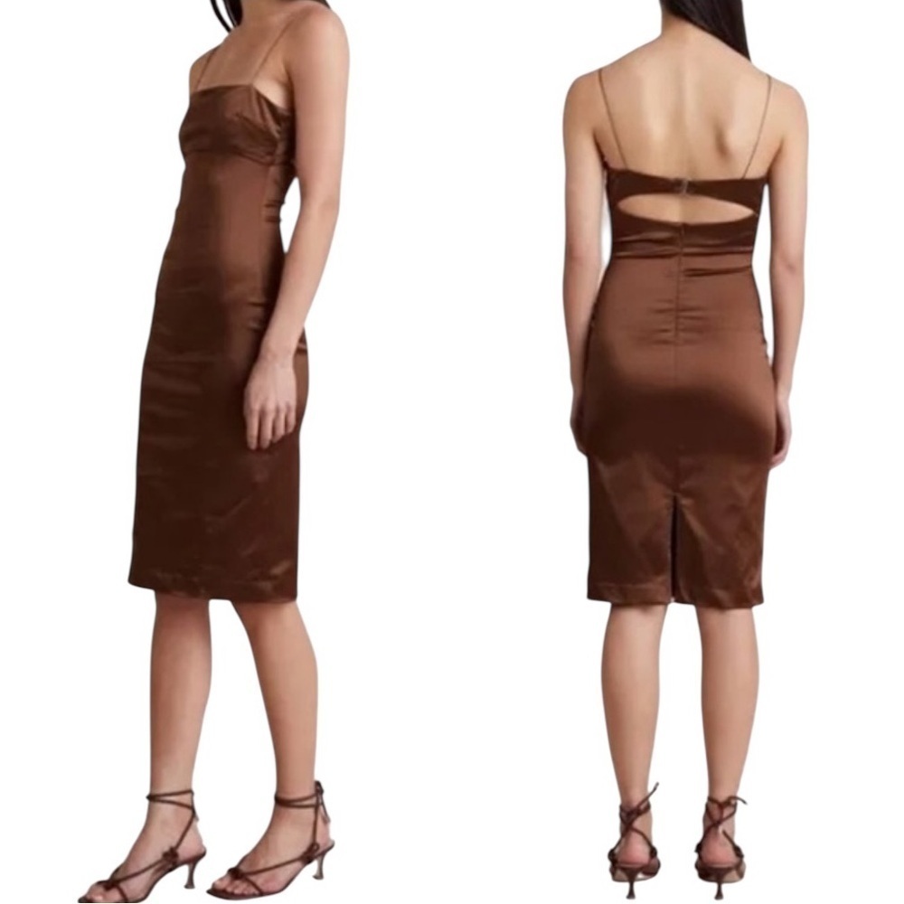 Bec & Bridge Heather Open Back Satin Midi Dress Cognac Size 10 NWT